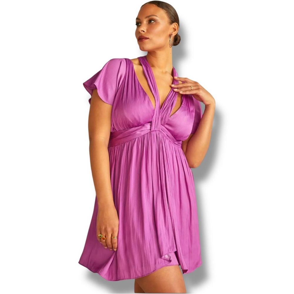 Anthropologie Vibrant Purple Short Flutter Sleeve Empire Waist Flowy Mini Dress
